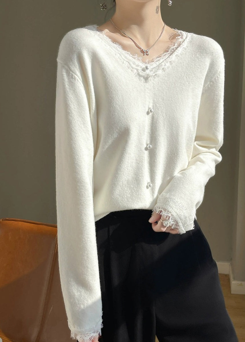 French White O-Neck Lace Patchwork Cotton Knit Sweater Fall QP047 OL-NTP241001