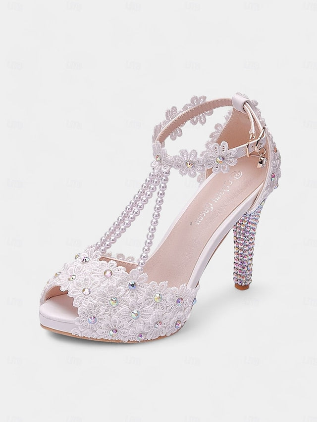White Floral Bridal - Sandals Lace T-Strap Pearl-Decorated FashionChic