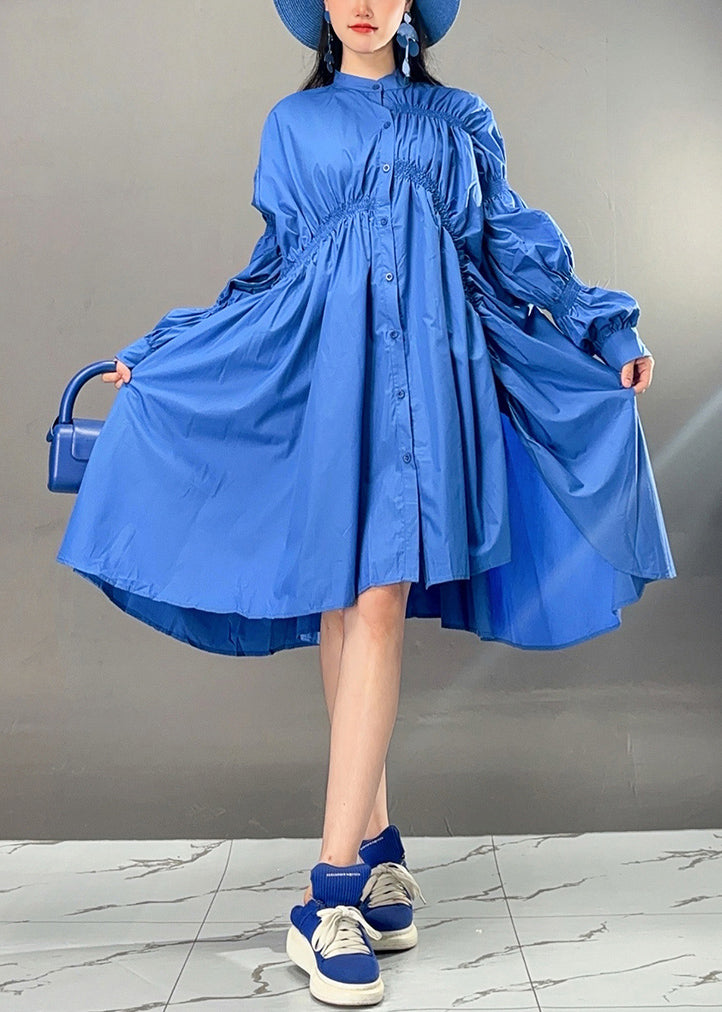 Art Blue Asymmetrical Wrinkled Button Cotton Dress Fall AJ1032 JDML-240909