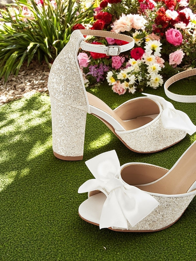 Women's Glitter with Block Wedding Heel Sandals Ankle White FashionChic