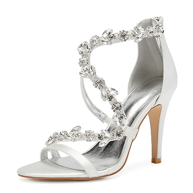 Pink Rhinestone Women's Heel Satin Floral High Sandals with FashionChic