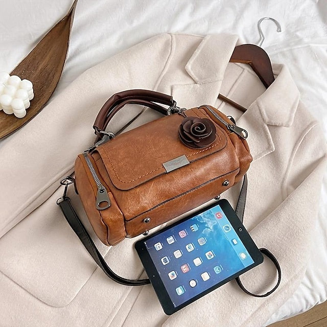 Vintage-Style Floral Handbag Women's Faux with Leather FashionChic