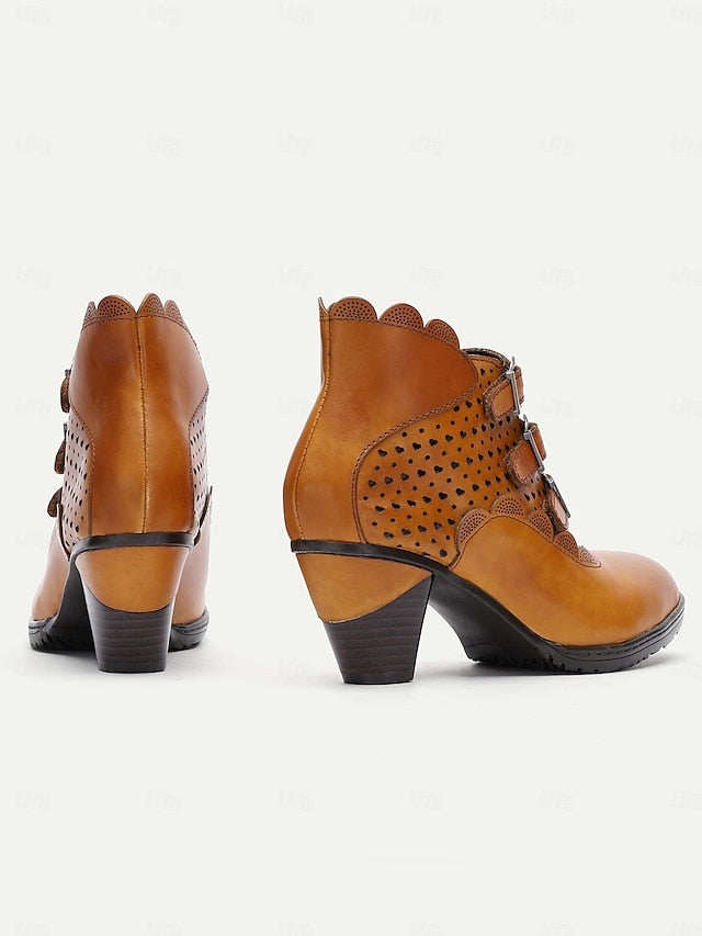 Strap Brown Vintage - Buckle Women's Ankle Perforated Boots FashionChic