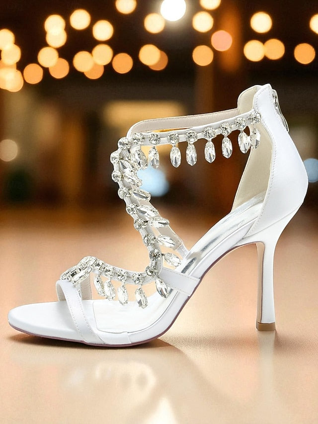 Rhinestone Strappy Heel Sandals Women's High White with FashionChic