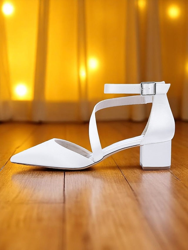 Women's Champagne Pointed Block Heels Satin Toe - FashionChic