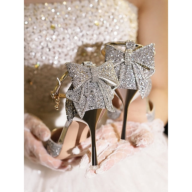 Glitter Bow Sparkly Heels - Pointed Women's Toe Silver FashionChic