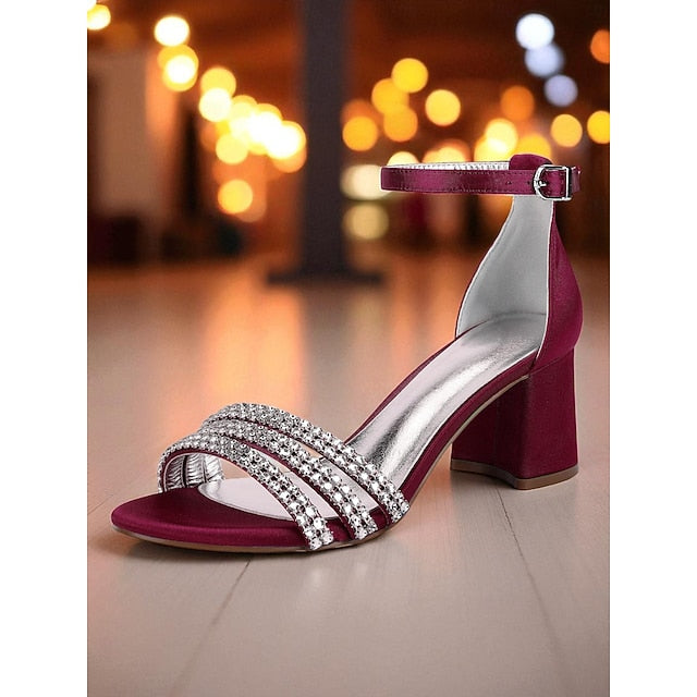 Satin Rhinestone Heel with Block Purple Women's Sandals FashionChic