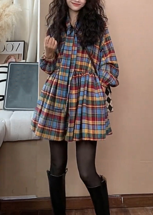 Tie Woolen Dress New Waist Shirts Plaid Wrinkled Spring FashionChic