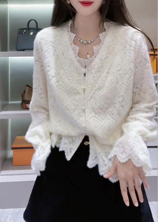 French Lace Neck White V Top Patchwork Spring FashionChic