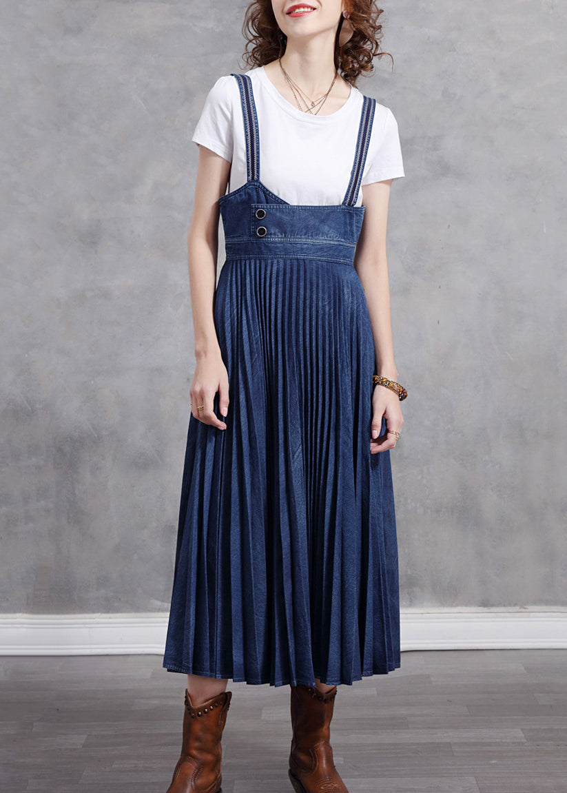 Stylish Blue Patchwork Spaghetti Strap Pleated Denim Dress Summer NN014 shopify