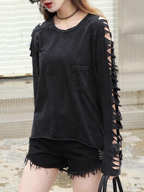 Black Sleeves T-shirt Out Long Round-neck Street Loose Hollow FashionChic