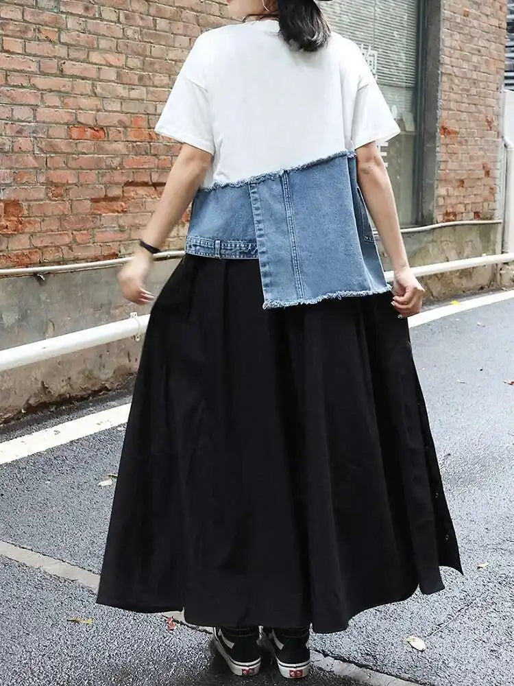 Denim Street Patchwork Sleeve White Short T-Shirt O-neck Hem FashionChic
