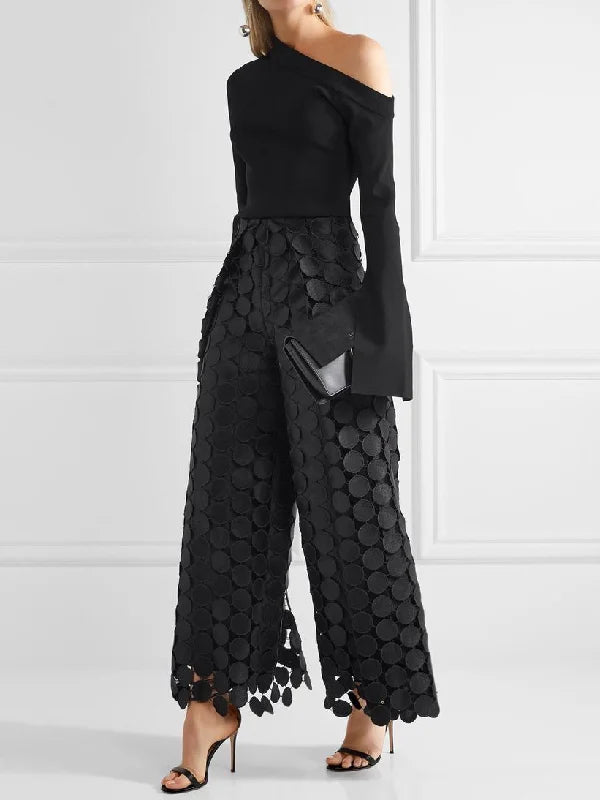 High Leg Solid Out Hollow Color Polka Dot Pants Wide Waist FashionChic