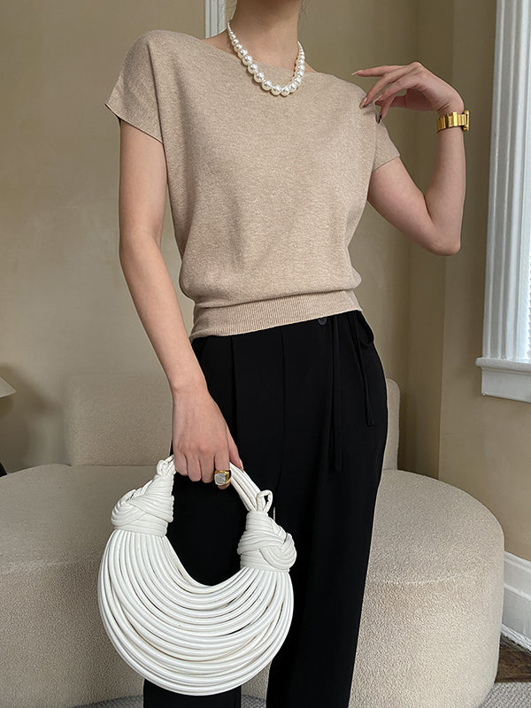Pink Sleeve Top Short Knit Boat Loose Neck Stylish FashionChic