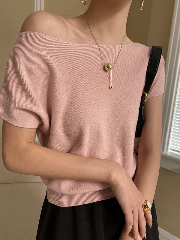 Pink Sleeve Top Short Knit Boat Loose Neck Stylish FashionChic
