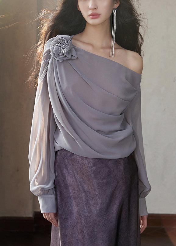 Grey Solid Chiffon Long Fashion Sleeve Asymmetrical Shirt FashionChic