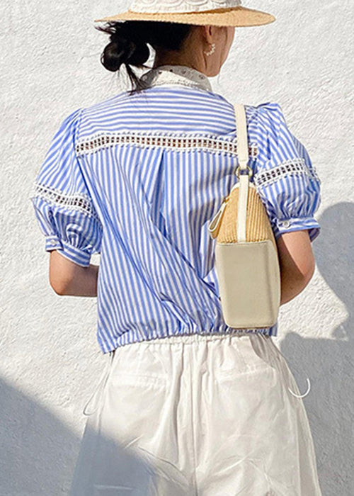 Out Blue Striped Cotton Summer Hollow Fashion Blouses FashionChic