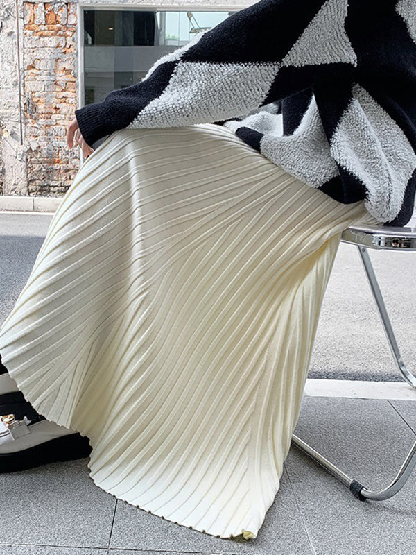 Brief Khaki High Waisted Pleated Striped A-Line Knit Skirt TW006 ABC