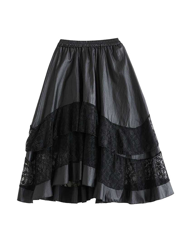 Goth Black Elasticity Layered Irregular Hem Patchwork Lace A-Line Skirt TW023 ABC