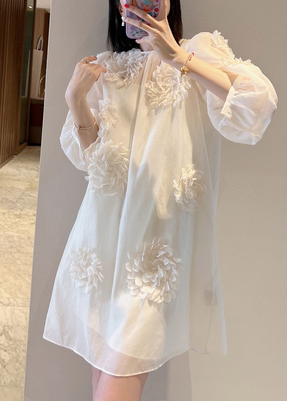 Loose Pink O-Neck Floral Mid Dress Long Sleeve EE007 shopify