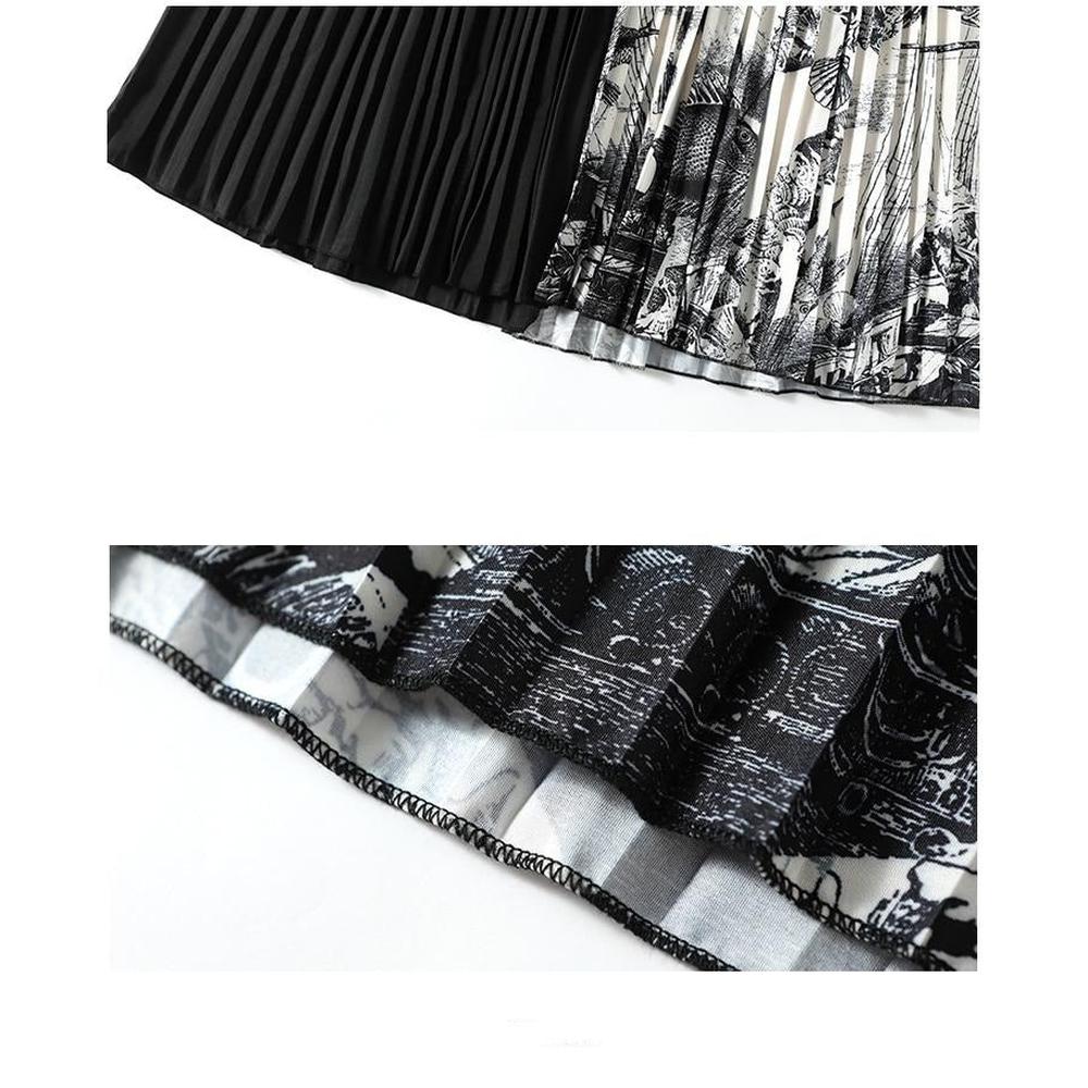 Women Black O-neck Belt Patchwork Floral Print Pleated Hem Long Sleeve Knit Dress AR1001 shopify