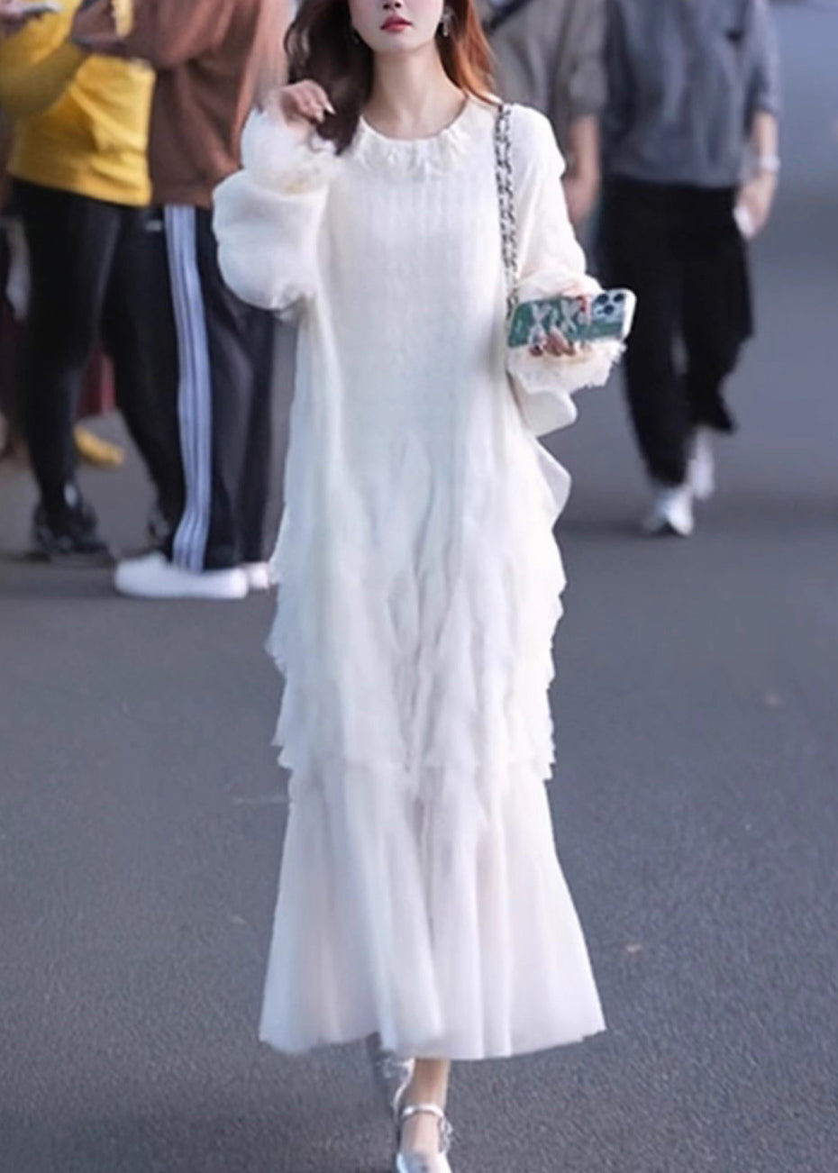 White Maxi Sleeve Solid Tulle Butterfly Dresses Elegant Patchwork FashionChic
