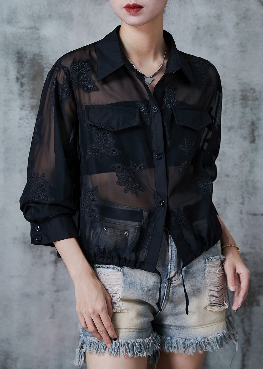 Black Tulle UPF 50+ Coat Jacket Embroidered Drawstring Summer PZGY-LTP240826