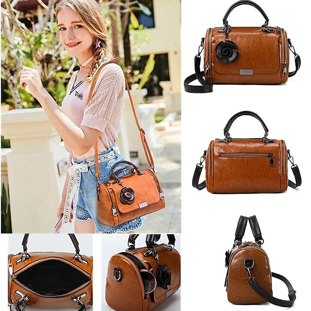 Vintage-Style Floral Handbag Women's Faux with Leather FashionChic