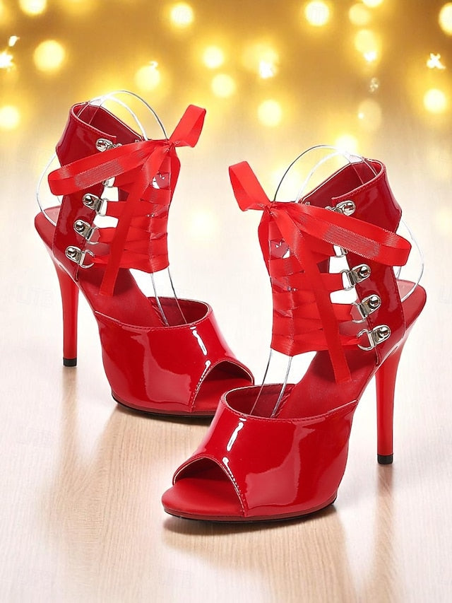 Patent Stiletto Lace-Up Cutout Women's Sandals - Sexy Black FashionChic