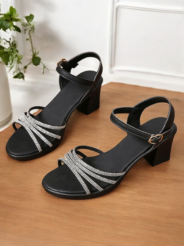 - Strappy with Comfortable Block Rhinestones Heel Black Sandals FashionChic