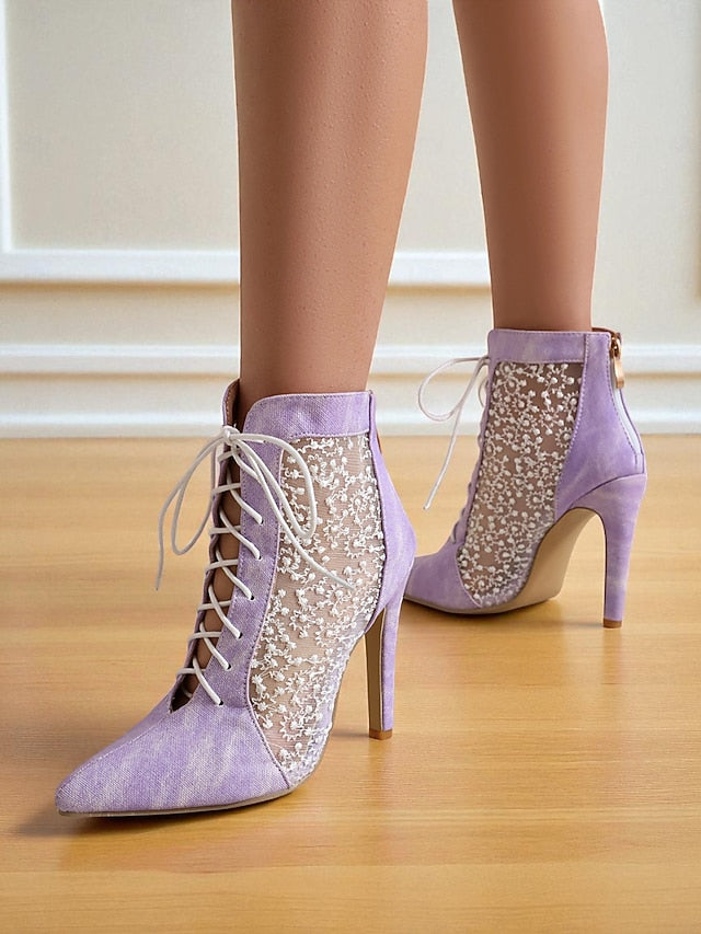 Women's Mesh Booties Ankle Lace Stiletto White Heels with FashionChic