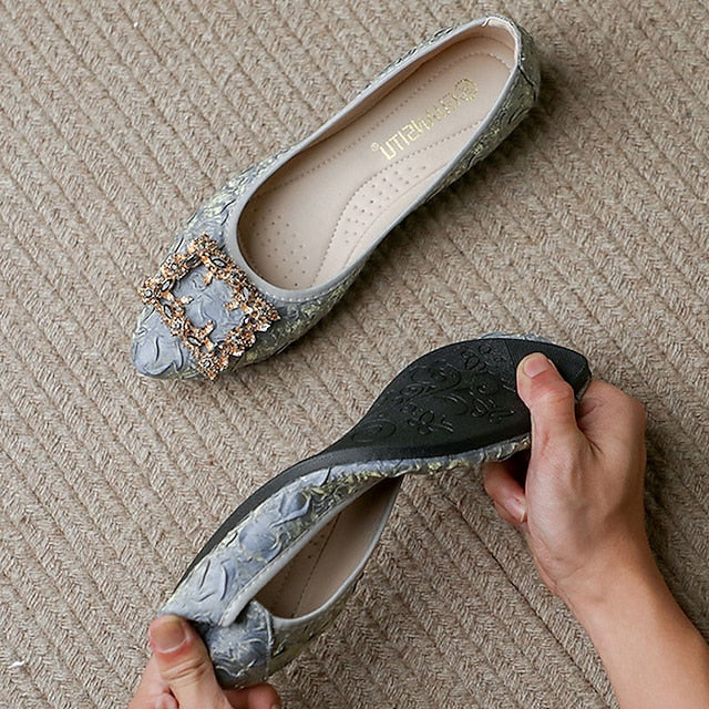 Crystal Flats Embellished Women's Wedding Floral Foldable - FashionChic