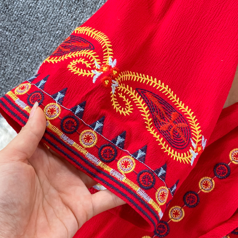 Vintage Green V-neck Tie Waist Flower Embroidery Three-quarter Sleeve A-line Dress AR1022 shopify