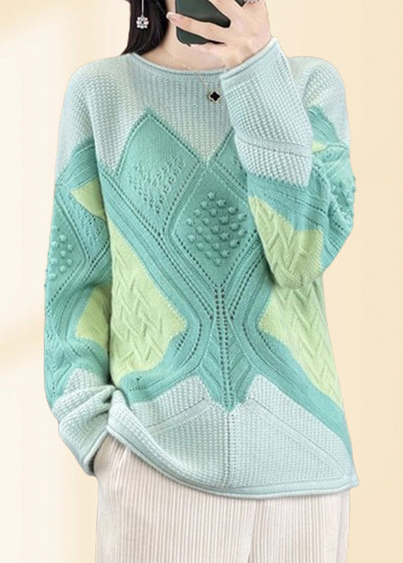 Beautiful Green O-Neck Plaid Cotton Knit Sweaters Fall QP018 OL-NTP241001