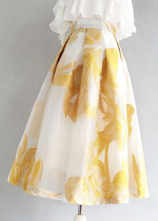 Women Yellow Wrinkled Patchwork Embroidered Tulle Skirt Summer AZ1038 shopify