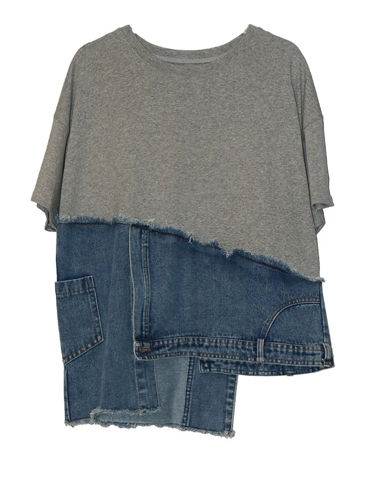 Denim Street Patchwork Sleeve White Short T-Shirt O-neck Hem FashionChic