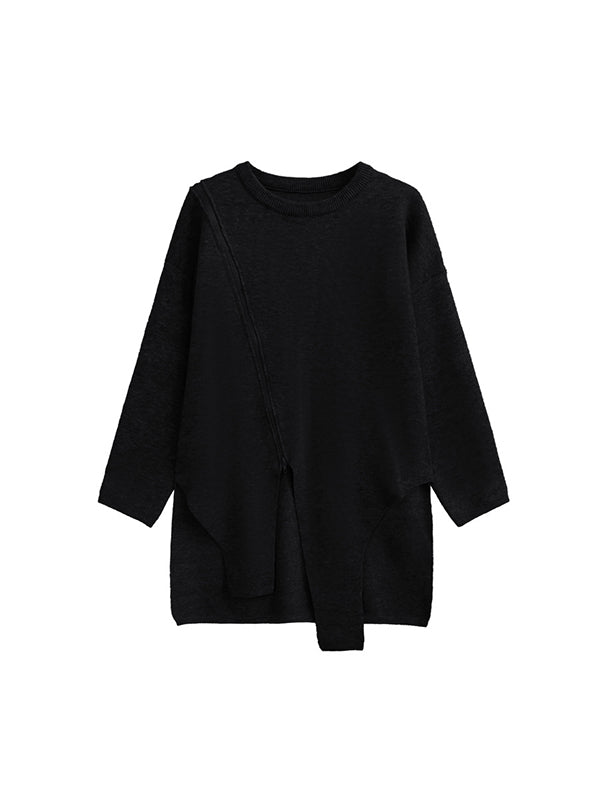 Street Grey Round-neck Zipper Decor Irregular High-low Hem Long Sleeve Sweater AN1067 Genistyle Shop