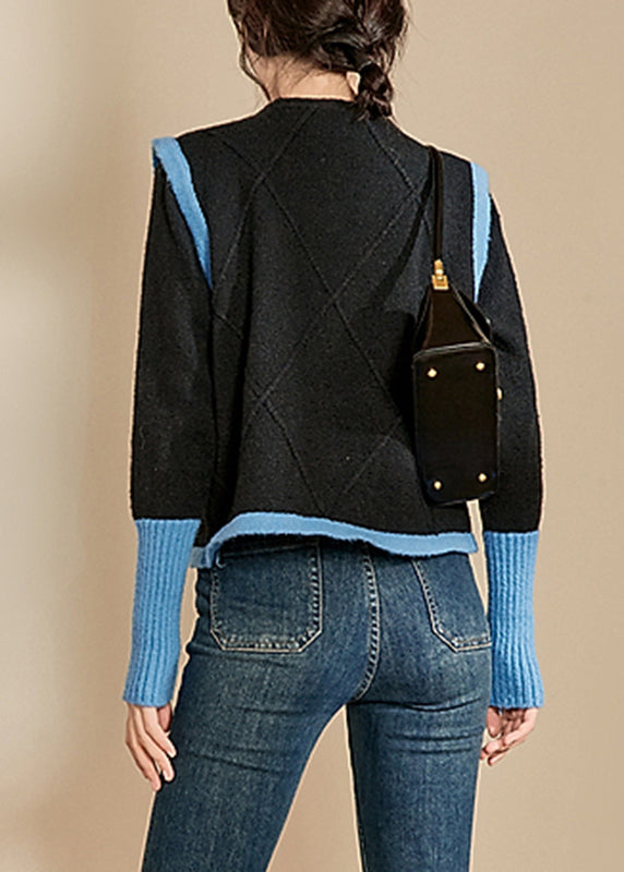 Casual Blue O-Neck Patchwork Cotton Knit Sweaters Winter WV005 ABC