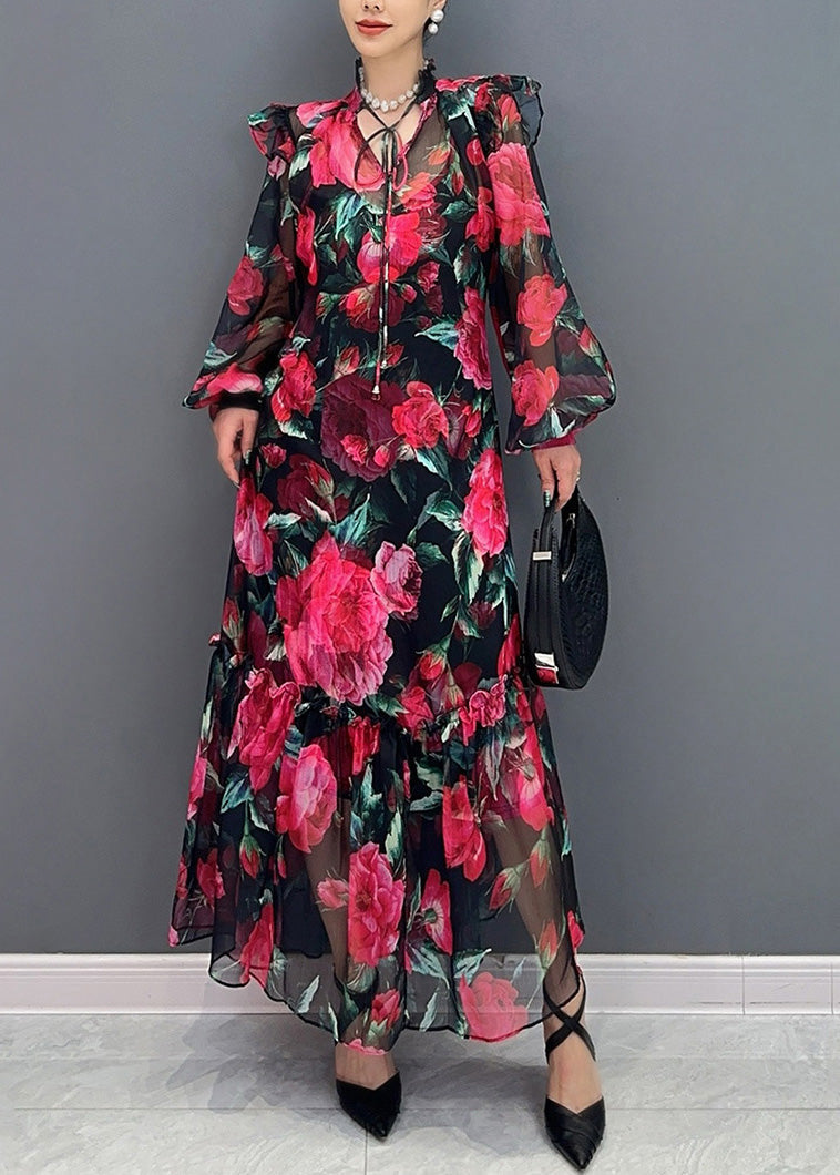 Beautiful Red Tie Lace Print Chiffon Maxi Dresses Fall AO1044 JDML-FDL240909