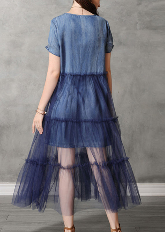 Classy Blue O-Neck Embroidered Tulle Patchwork Long Denim Dresses Short Sleeve NN020 shopify