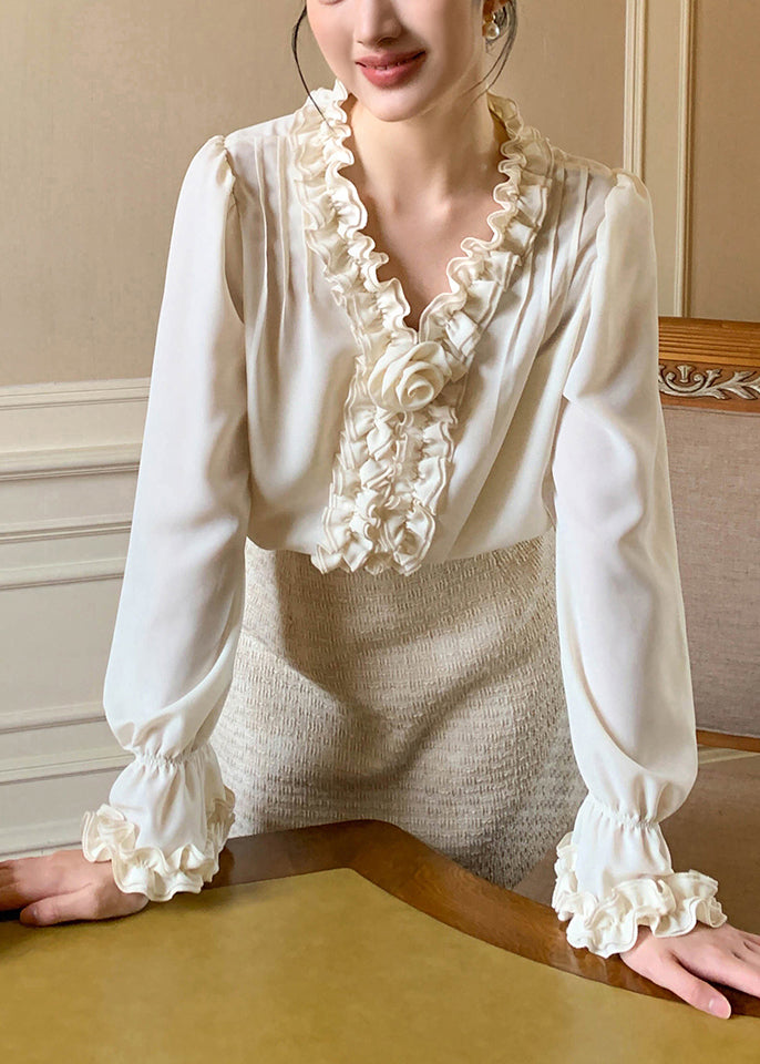 Apricot Art Shirt Petal Chiffon Solid Sleeve Ruffled FashionChic