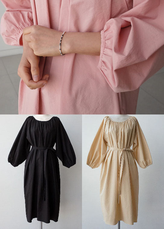 Dress wrinkled O-Neck Pink Maxi Quarter Three Cotton sleeve FashionChic