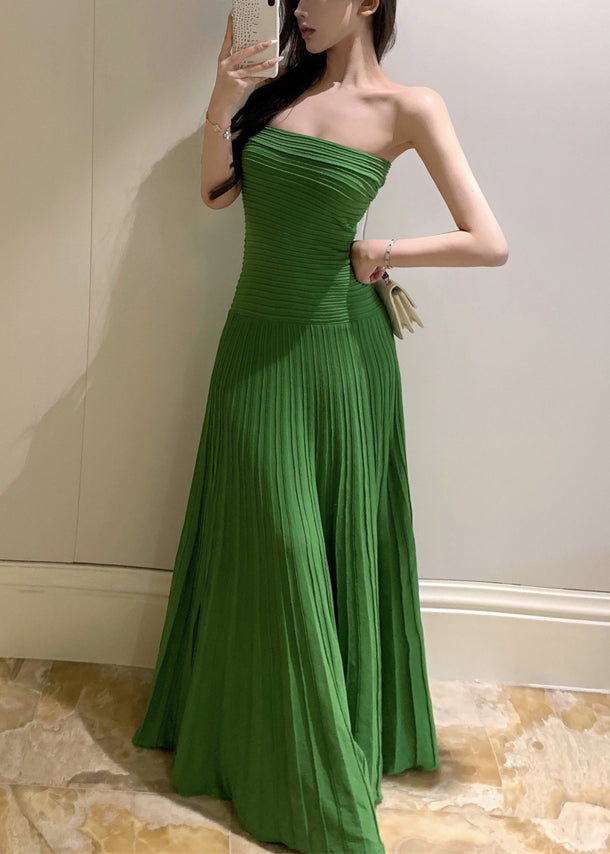 New Dresses Wrinkled knitting Long Cotton Green Strapless FashionChic