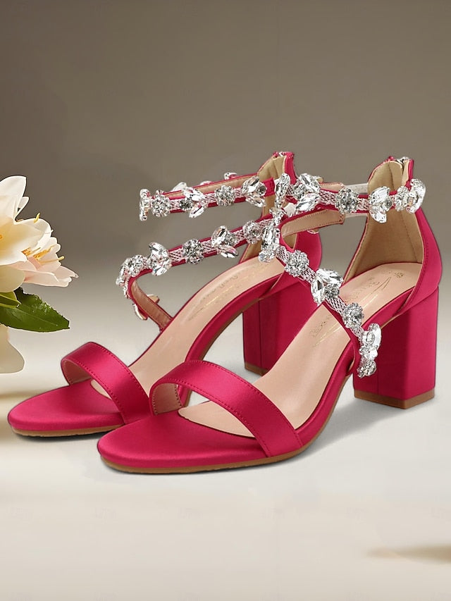 Sandals with Heel Crystal Satin Straps Pink Women's Block FashionChic