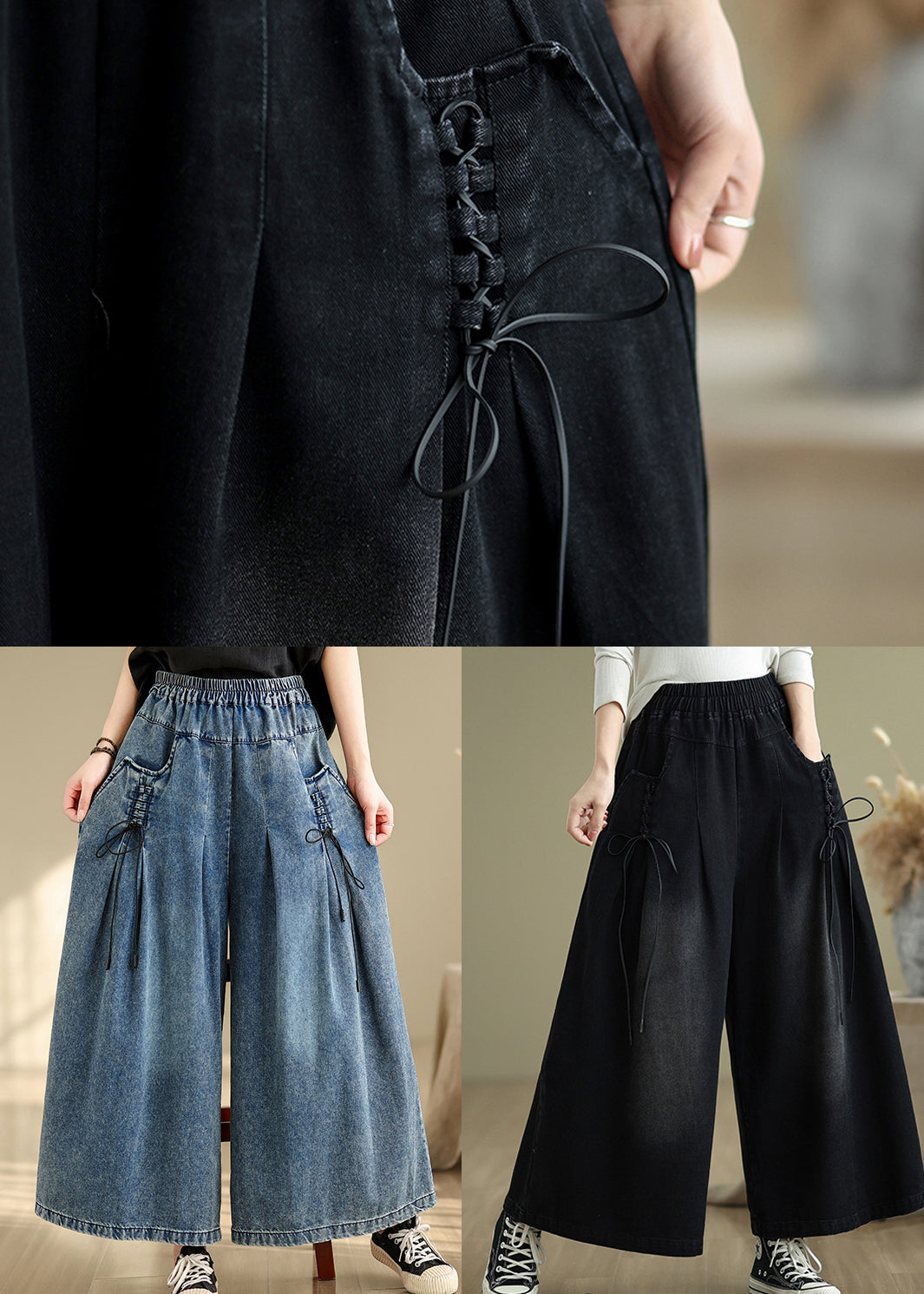 Summer Pants Strap Wide Wrinkled Denim Blue Cross Leg FashionChic