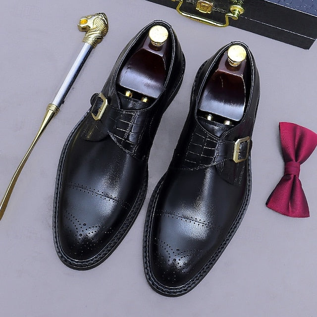 Dress Genuine Strap Black Men's Leather Monk First Shoes- FashionChic