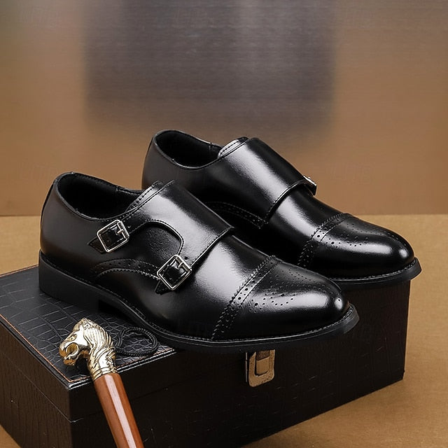 Double Men's Shoes Monk Strap Faux Brown with Dress Leather FashionChic