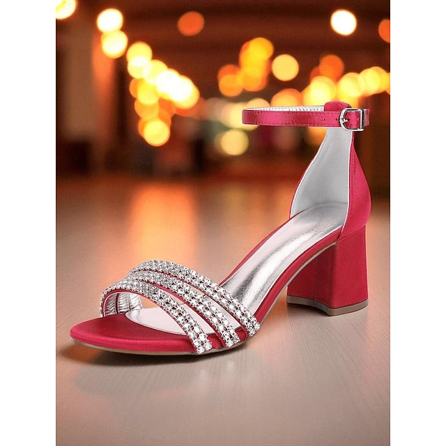 Satin Rhinestone Heel with Block Purple Women's Sandals FashionChic
