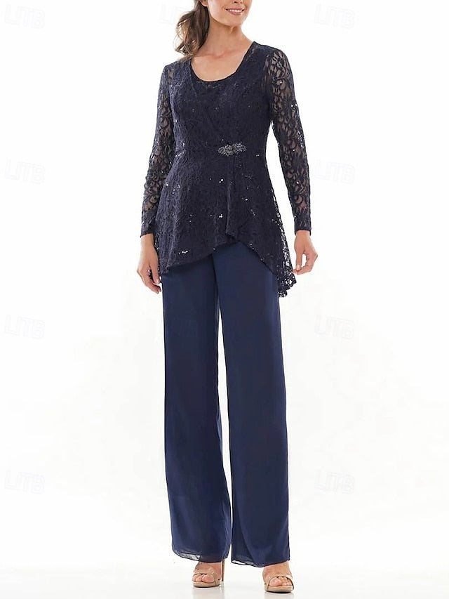 Piece Crew Bride Mother Pantsuit Dress Elegant of 3 the Neck FashionChic