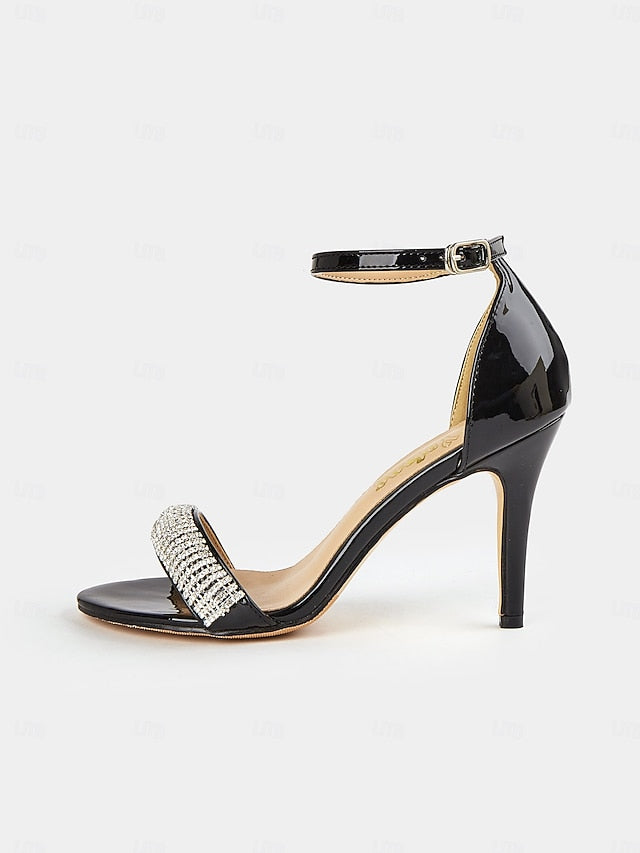 Black Heel High Patent Rhinestone Sandals Leather with FashionChic